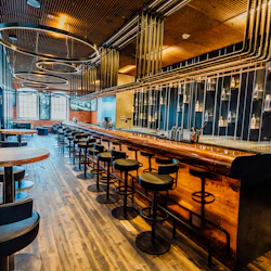 En modern bar med trägolv, cirkulära armaturer, höga pallar och en lång bänk med flaskor som visas på väggen.