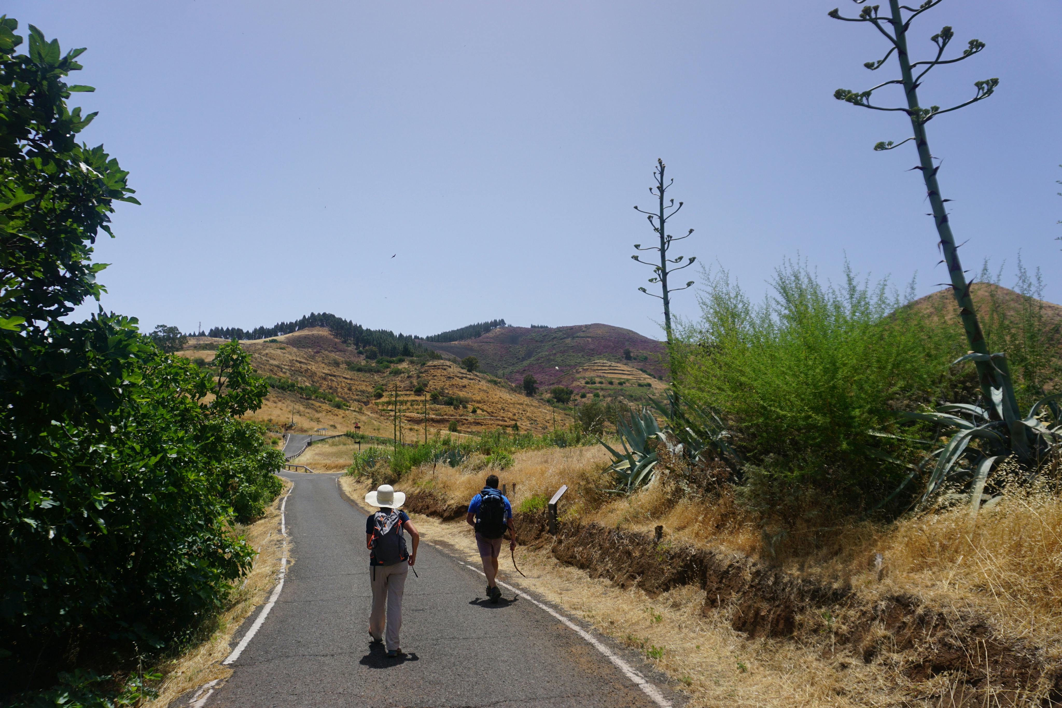 Δύο άτομα με σακίδια περπατούν σε έναν αγροτικό δρόμο που περιβάλλεται από λόφους, βλάστηση και ξηρό γρασίδι κάτω από έναν καθαρό ουρανό.