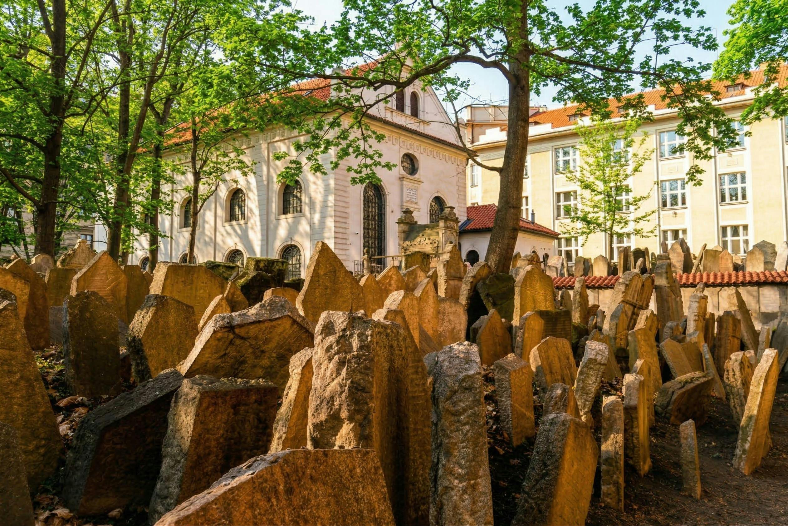 Historický hřbitov s hustě osázenými náhrobky, obklopený stromy a v pozadí budova.