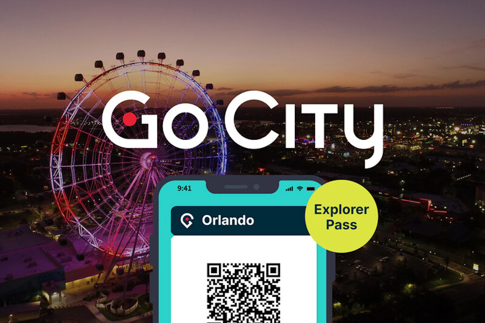 A digital pass for Orlando is displayed on a smartphone screen, set against a nighttime backdrop with a brightly lit Ferris wheel.