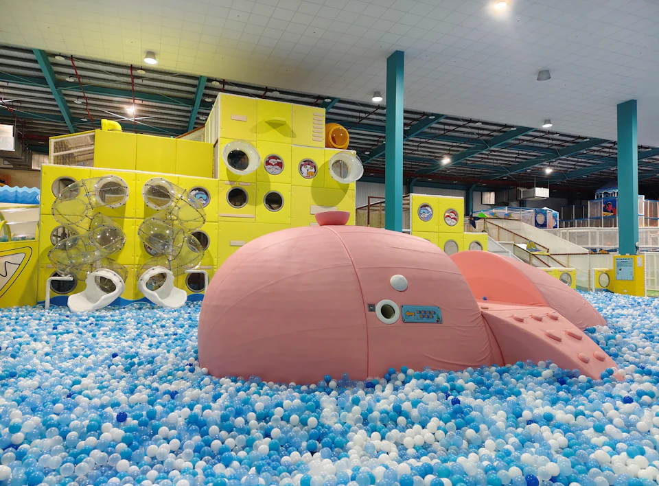 Indoor playground with a pink whale-shaped structure in a ball pit and a yellow climbing area with tunnels in the background.