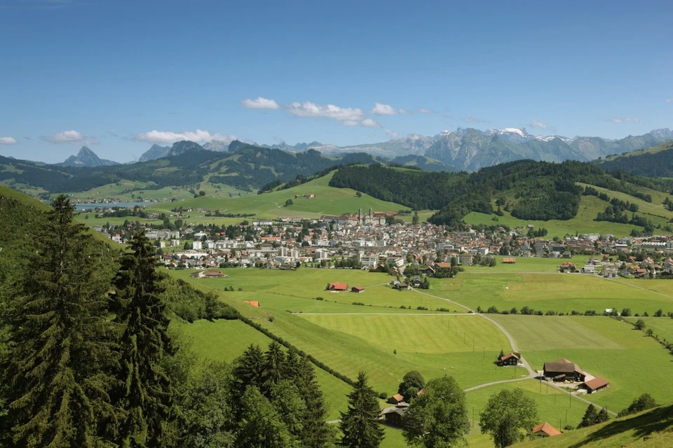 A scenic view of a town surrounded by green fields, trees, and mountains under a clear blue sky.