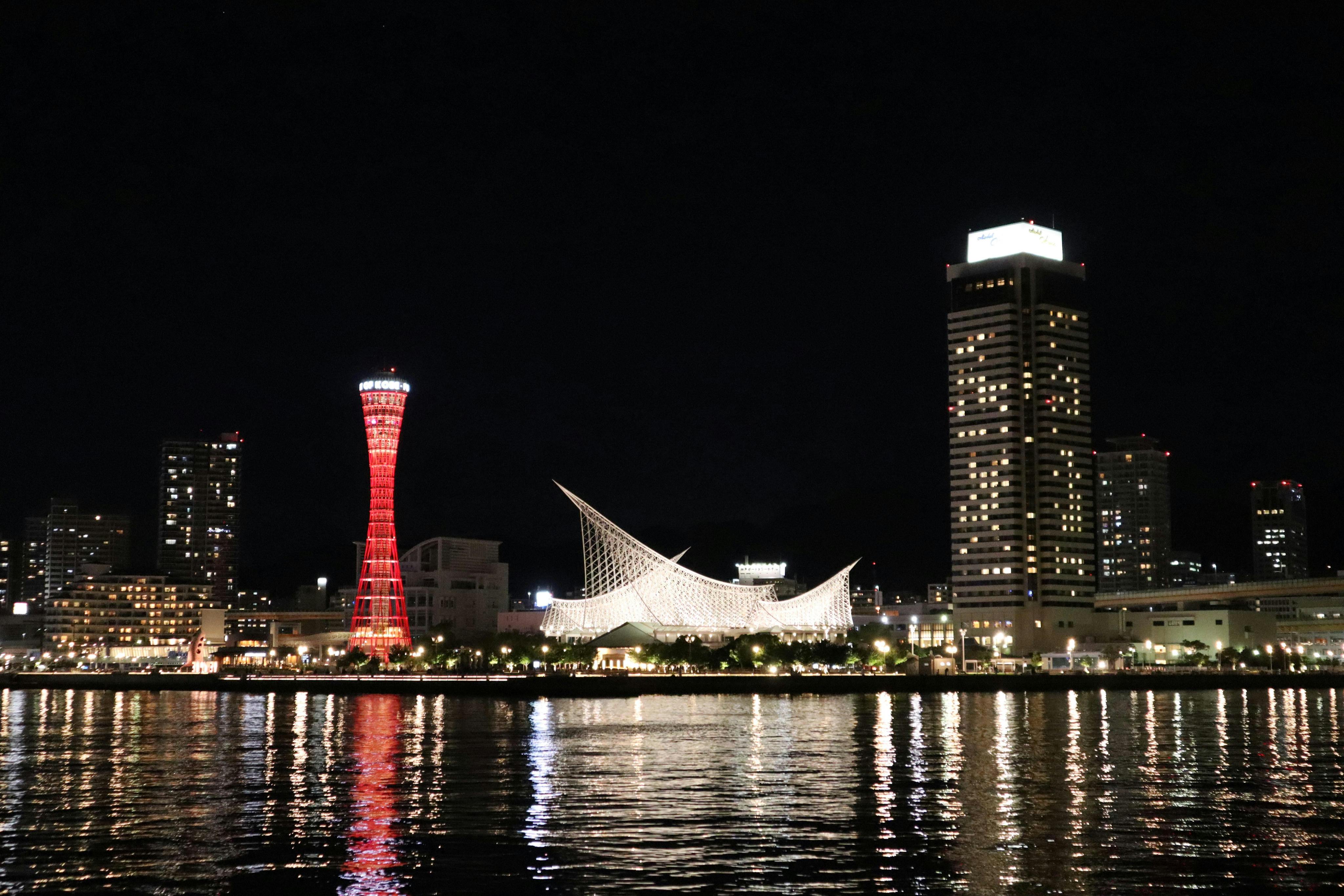 도시 전망을 보여주는 커다란 창문, 다양한 제품과 가방이 진열된 선반, 현대적인 디자인이 돋보이는 곡선형 객실입니다.