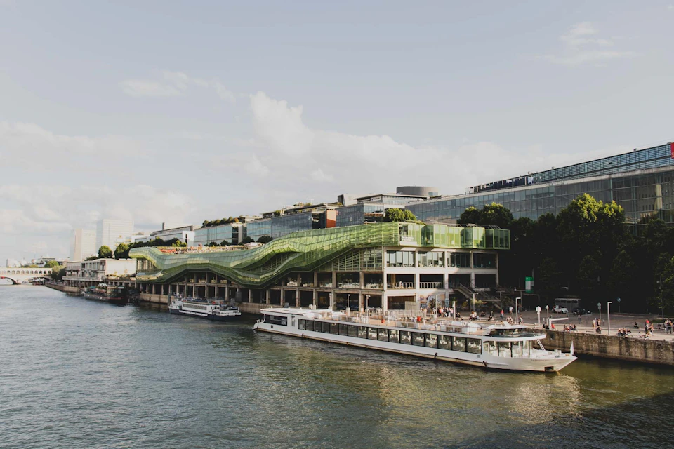 Le Diamant Bleu moored at the foot of La Cité de la Mode et du Design