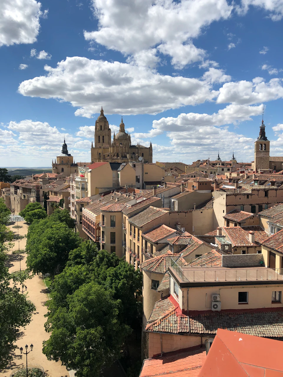 An aerial view of a historic city with a cathedral, numerous rooftops, and a tree-lined street under a partly cloudy sky.