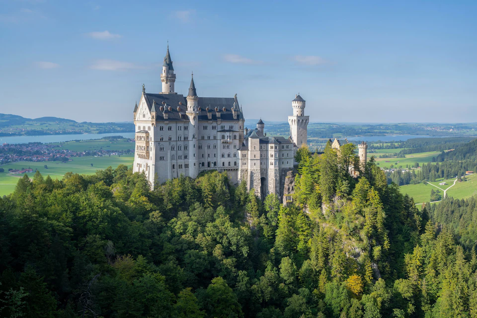 A large castle with multiple towers sits atop a forested hill under a clear blue sky.