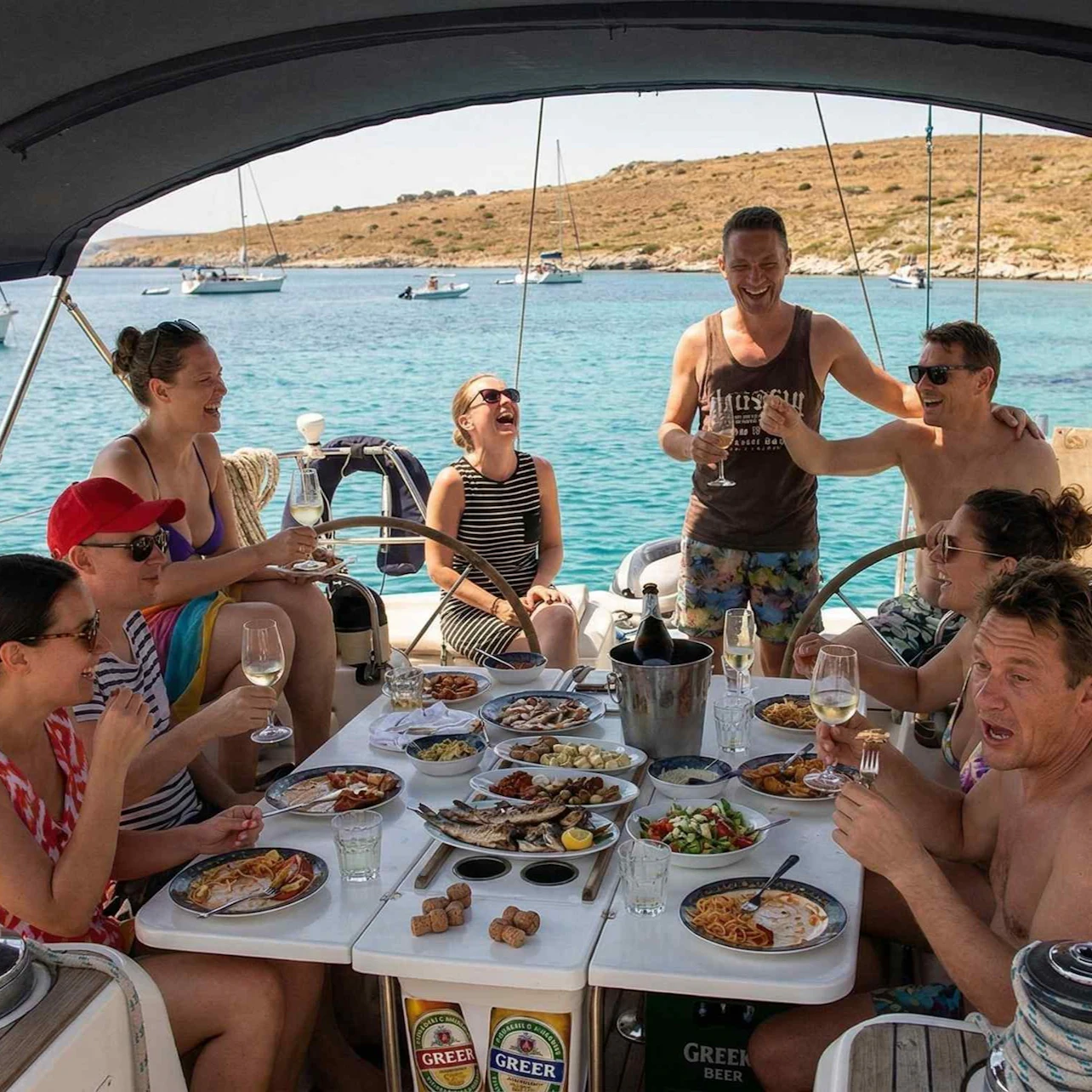 A group of people enjoying a meal and drinks on a boat with a scenic ocean view in the background.