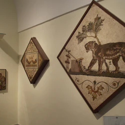 Tre inramade antika mosaiker i en museimiljö som föreställer en leopard, två tuppar och en man med en fågel.
