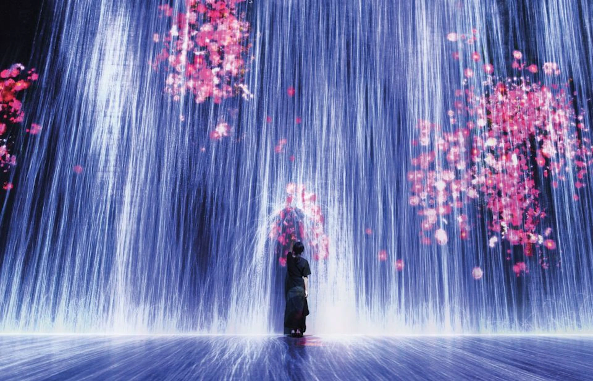 A person stands in front of a digital art display with cascading blue lights and scattered pink floral patterns.