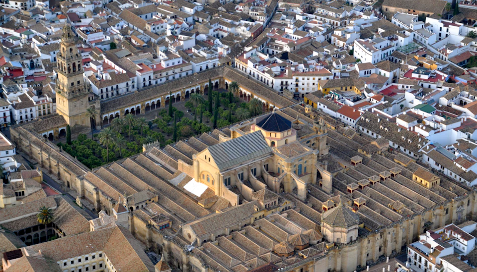 Aerial view of a large historic building with a mix of architectural styles surrounded by densely packed houses and cobblestone streets.