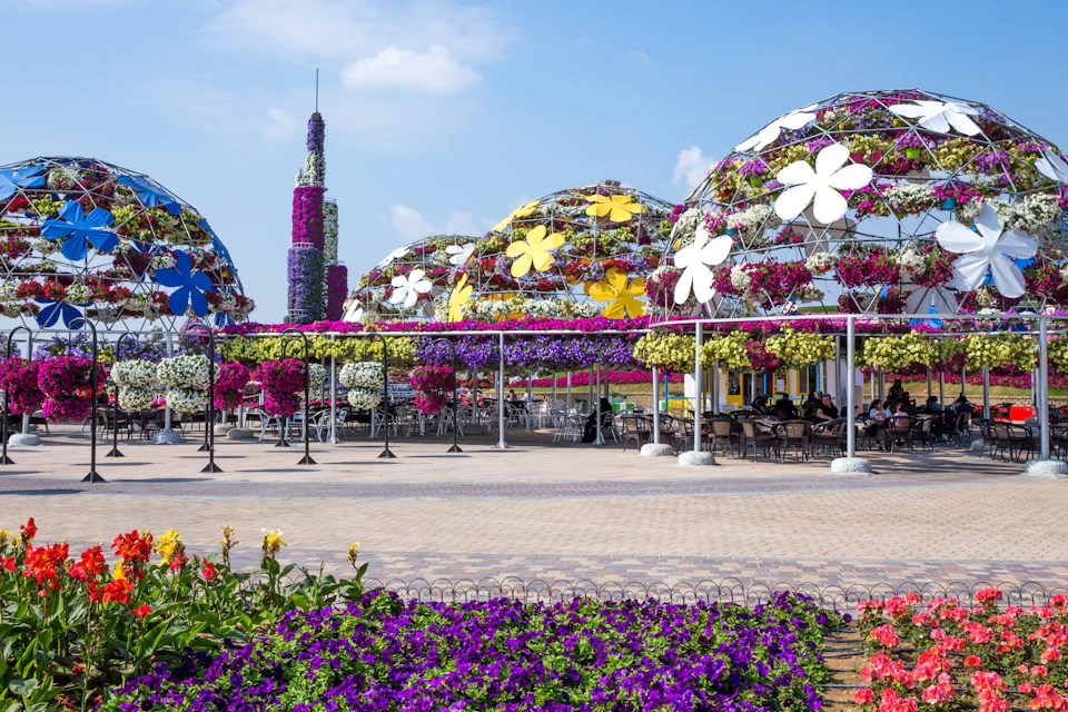 Walk under the canopy of vibrant umbrellas and relax at the garden’s many shaded cool areas.