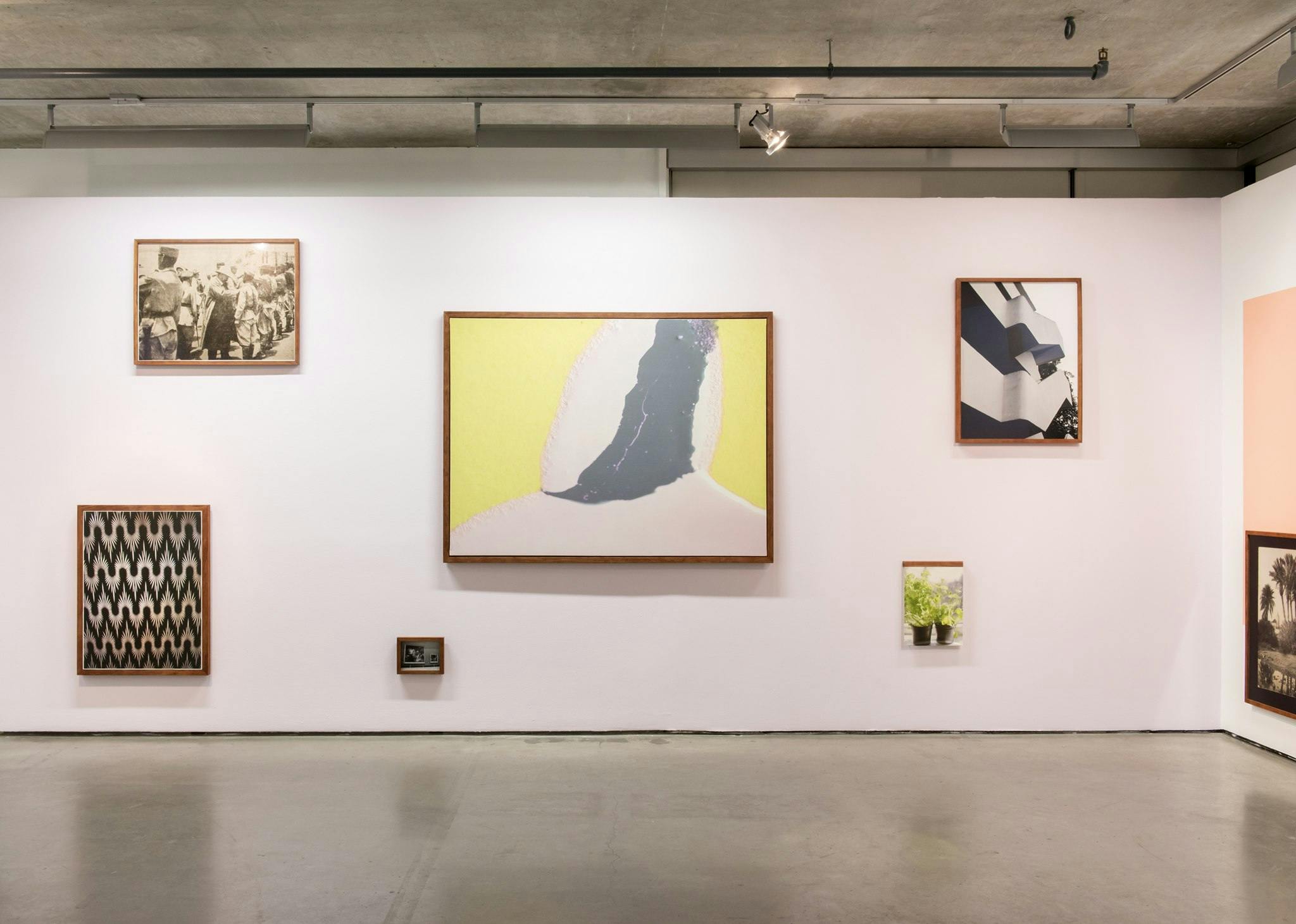A gallery wall featuring various framed artworks, including abstract, patterned, and photographic images under a concrete ceiling.