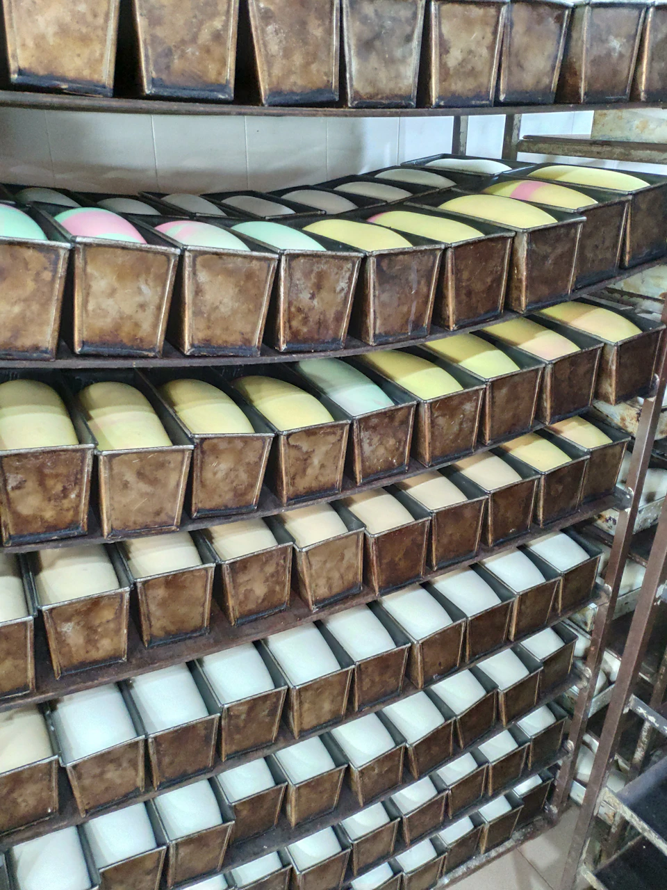 Rows of metal baking pans filled with colorful loaves of bread on bakery racks.