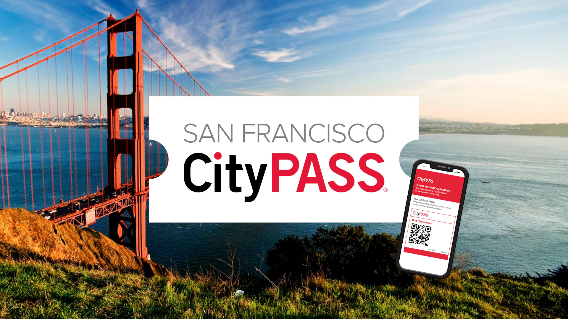 Golden Gate Bridge with "San Francisco CityPASS" text overlay and a smartphone displaying a digital CityPASS ticket.