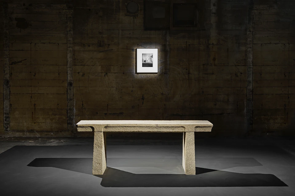 Nobuyoshi Araki, Kinbaku, 1979/2015, gelatin silver print with Stone Scholar’s Table, Ming Dynasty, China, 16th–17th centuries.