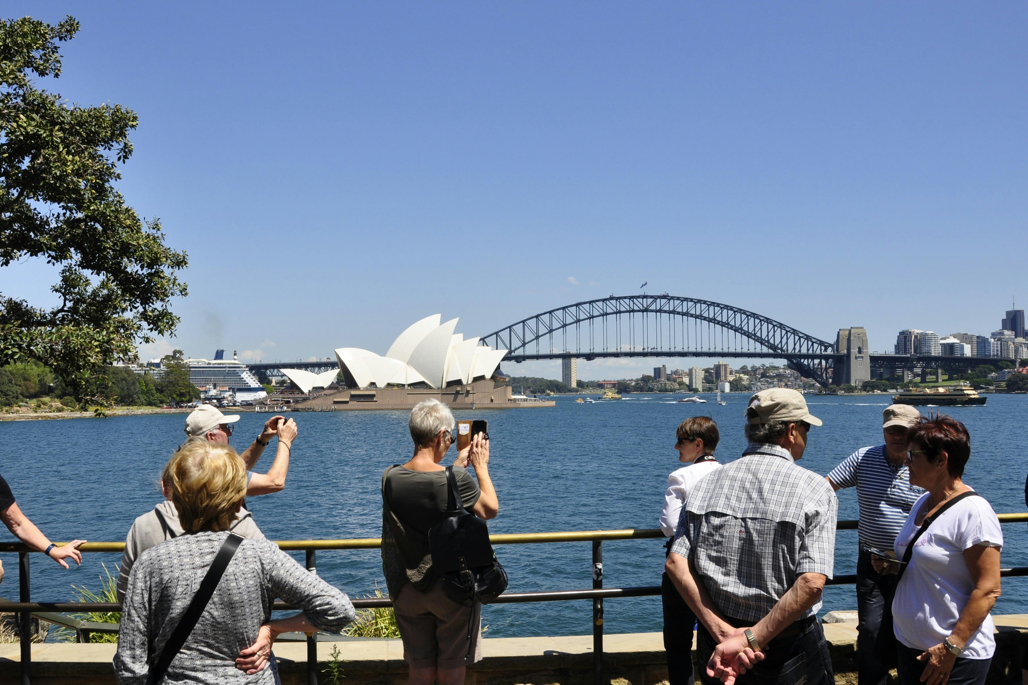 Busturgruppen på Mrs Macquaries Point. Turisterne tager billeder af operahuset i Sydney og Harbour Bridge.