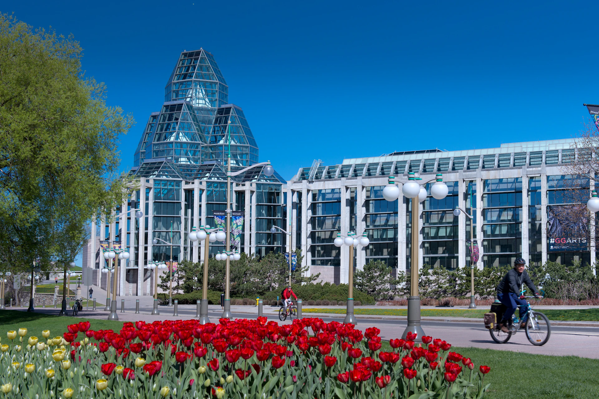 A modern glass building with a unique architectural design, surrounded by lamp posts, a cyclist, and a bed of red tulips.