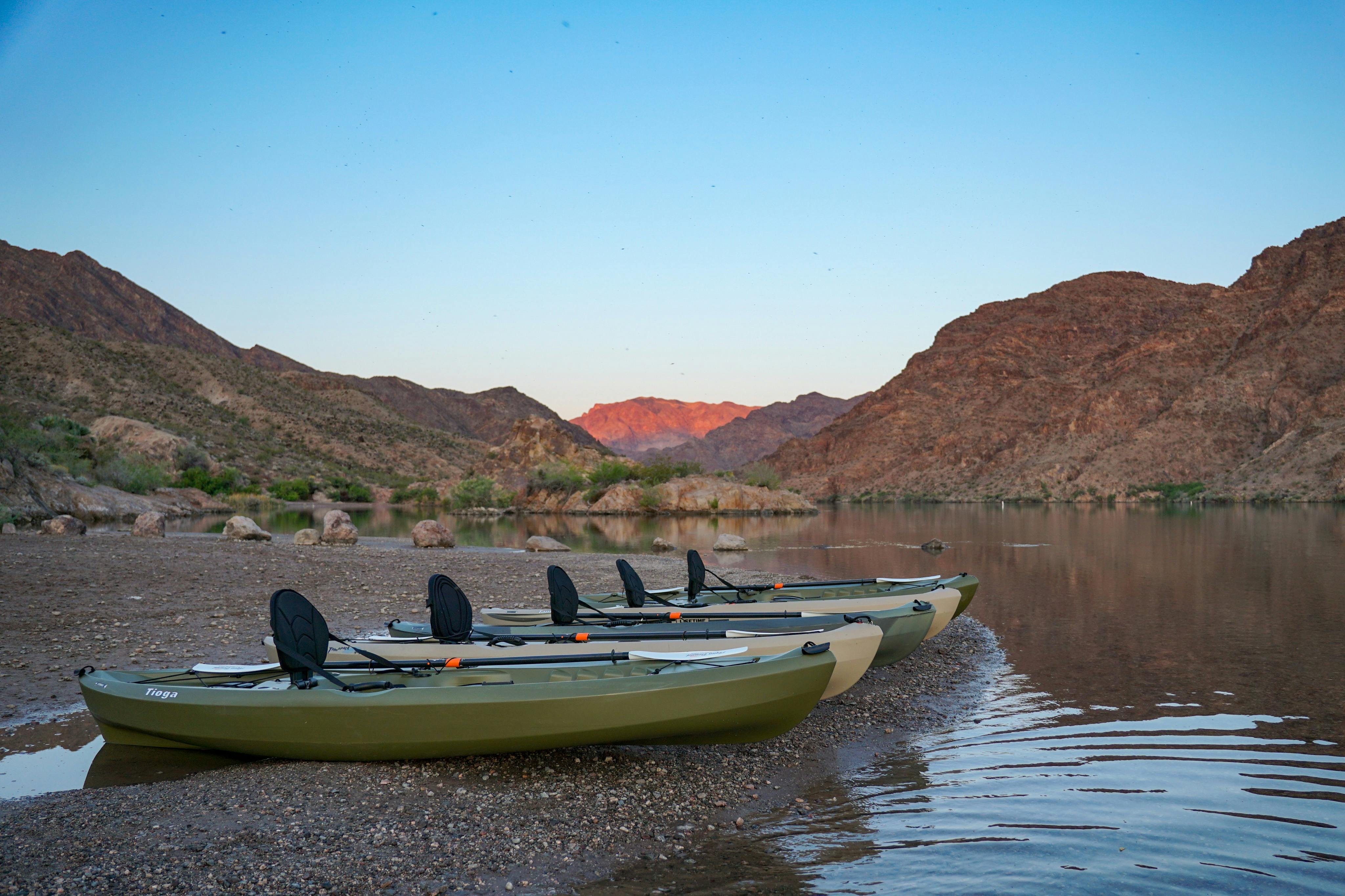 A fleet of kayaks is ready for tour.