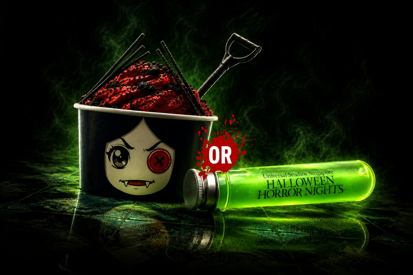 A dessert in a cup with a vampire face design, paired with a green glowing vial labeled Halloween Horror Nights.