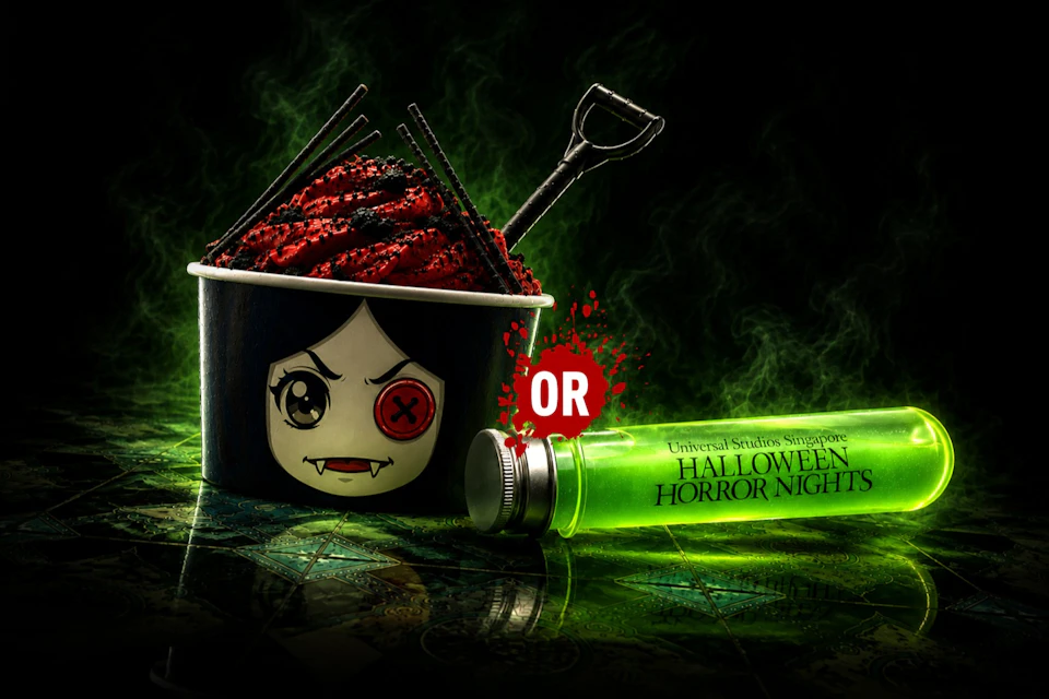 A dessert in a cup with a vampire face design, paired with a green glowing vial labeled Halloween Horror Nights.
