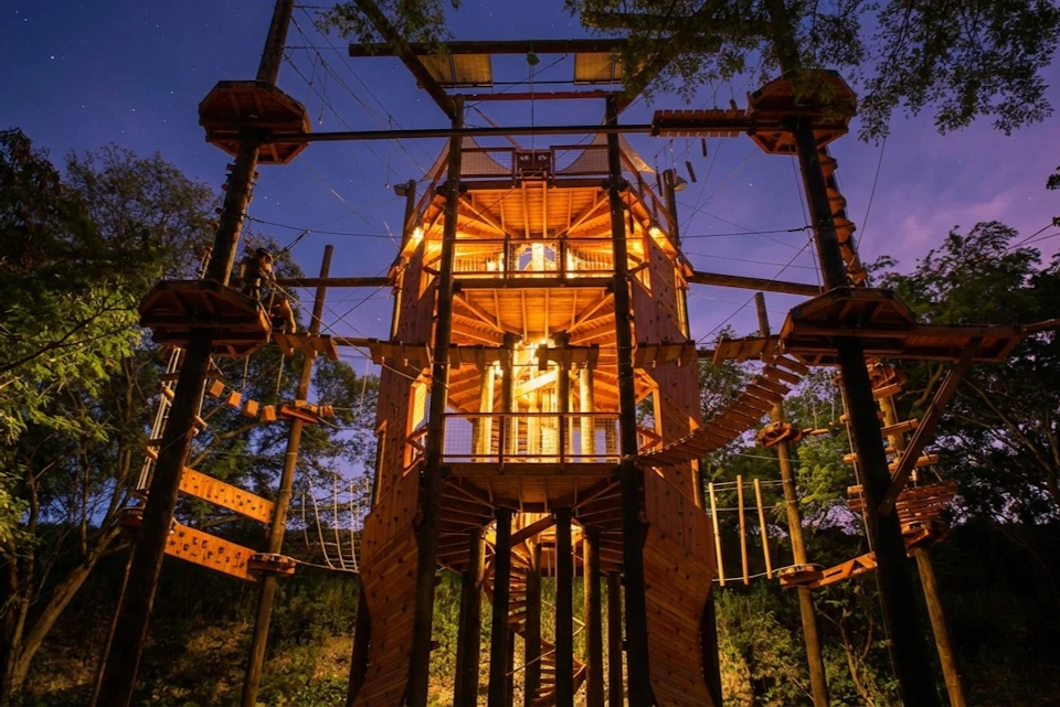 A tall wooden climbing structure illuminated at night, with ropes and platforms surrounded by trees under a starry sky.
