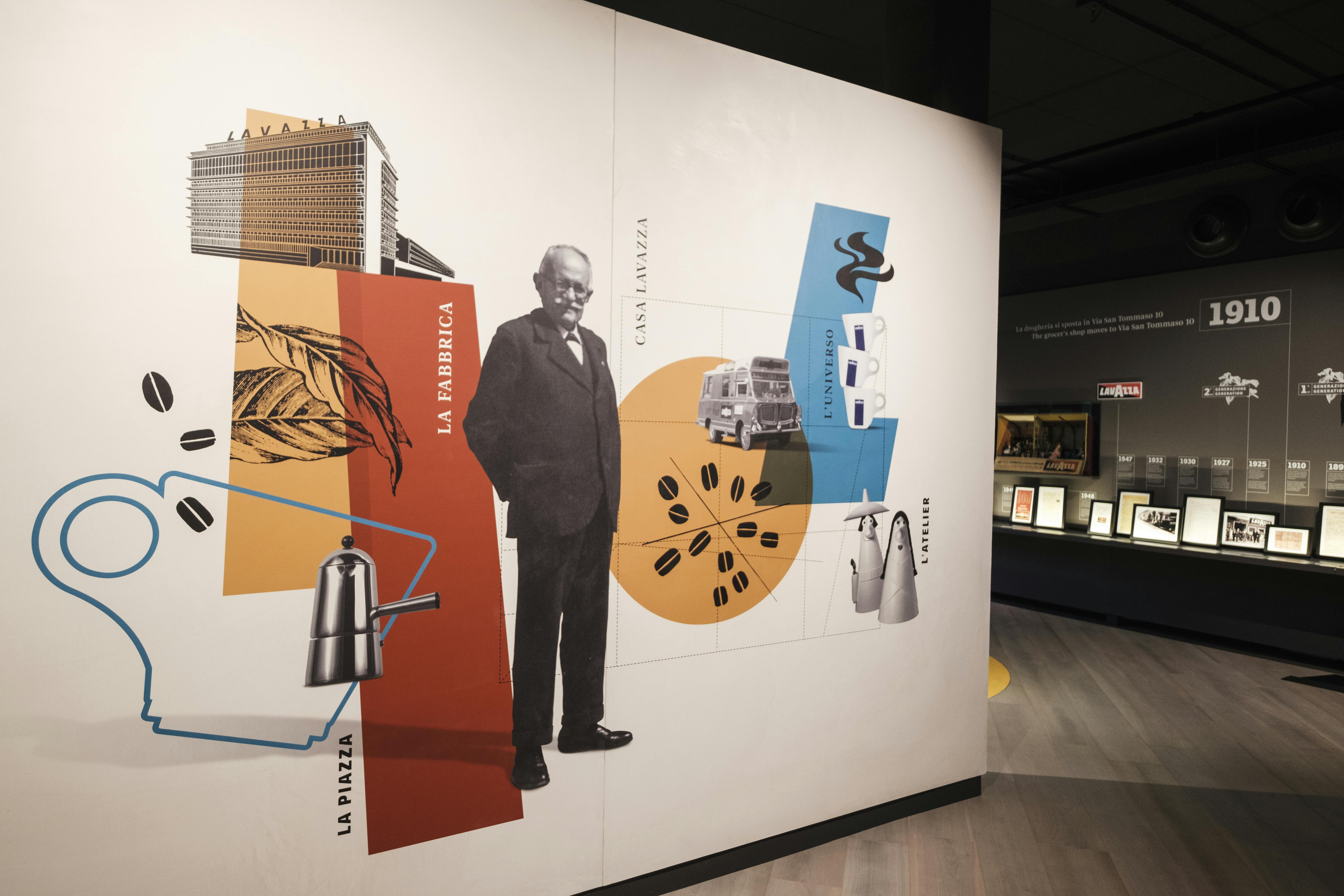 Koláž s mužem v obleku, kávovými zrny, budovou Lavazza, starou dodávkou a kávovým vybavením na zdi.