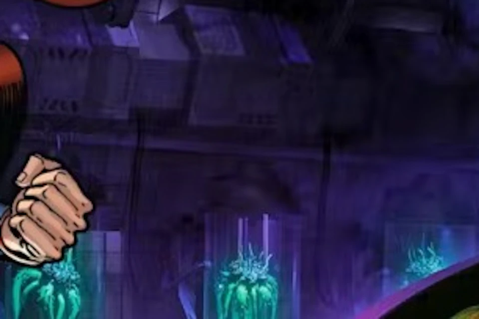 Superman flying inside a futuristic lab with people in a ride vehicle wearing 3D glasses.
