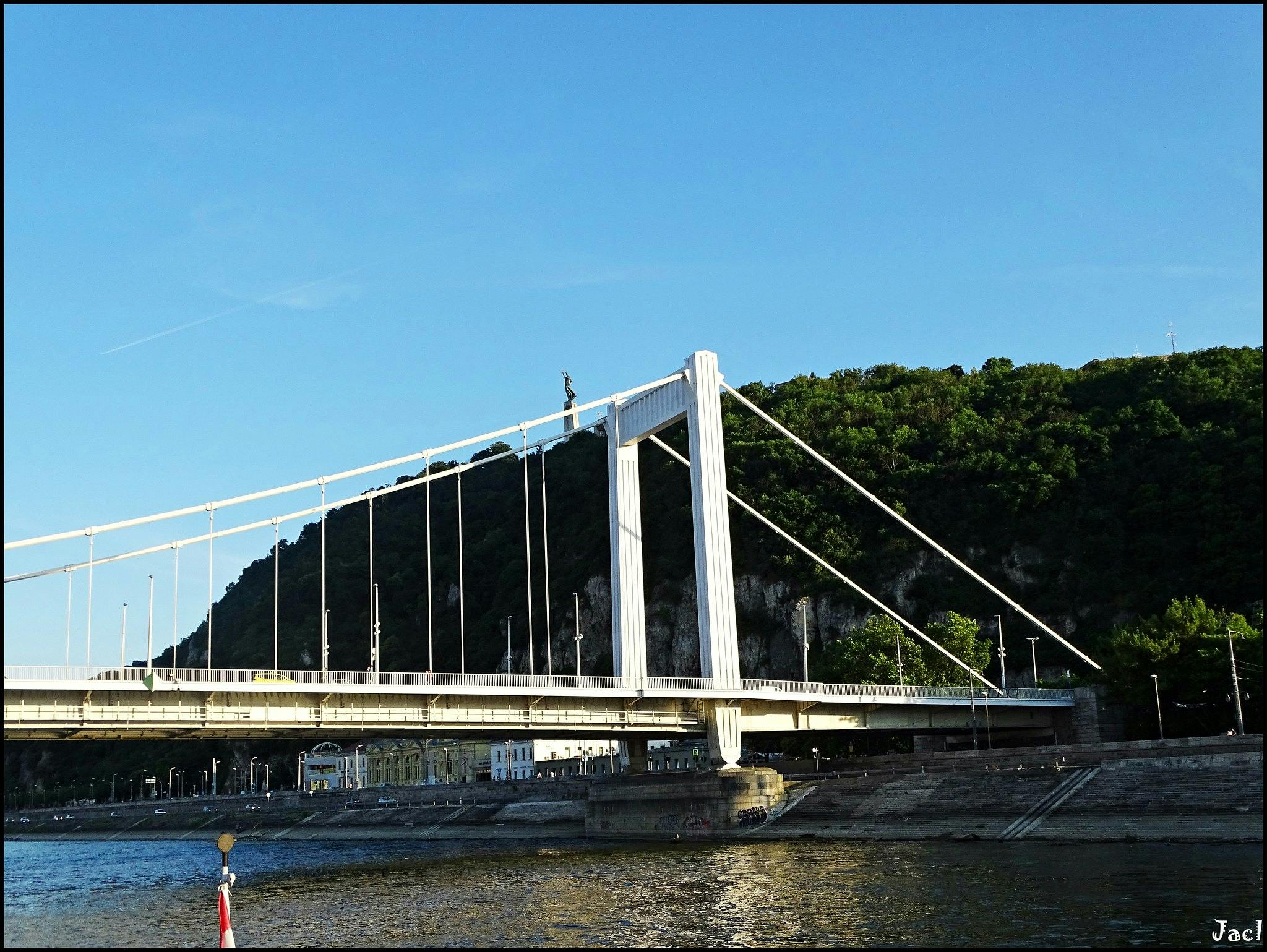 Vit hängbro sträcker sig över en lugn flod, med en frodig grön sluttning och klarblå himmel i bakgrunden.