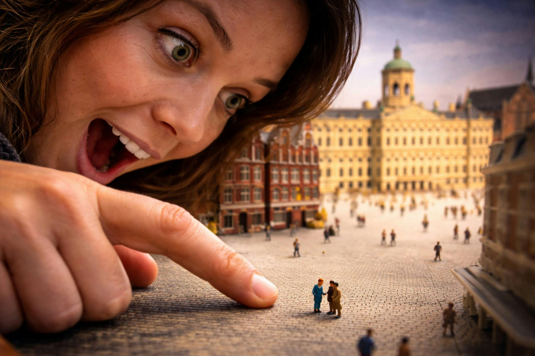 En kvinna som noga observerar och lekfullt pekar på ett miniatyrstadslandskap med små figurer och byggnader.