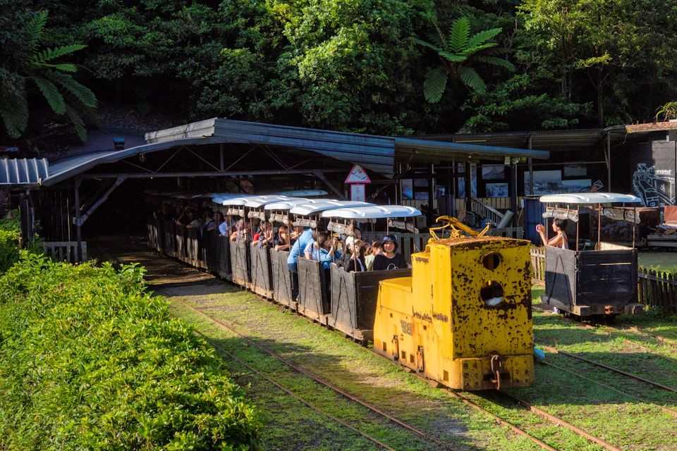 A small yellow locomotive pulling carriages filled with people, passing through a lush green area near a station.