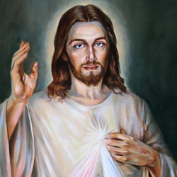 Målning av Jesus med en glödande gloria, som lyfter ena handen i välsignelse, och med ljusstrålar som kommer från hans hjärta.