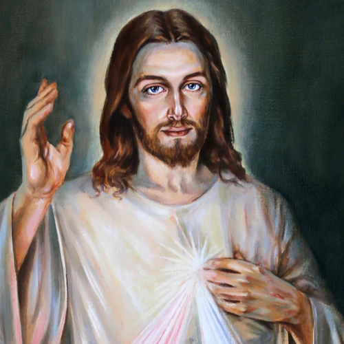 En målning av en man med långt hår och skägg, som lyfter ena handen i välsignelse, med ljus som kommer från hans bröst.