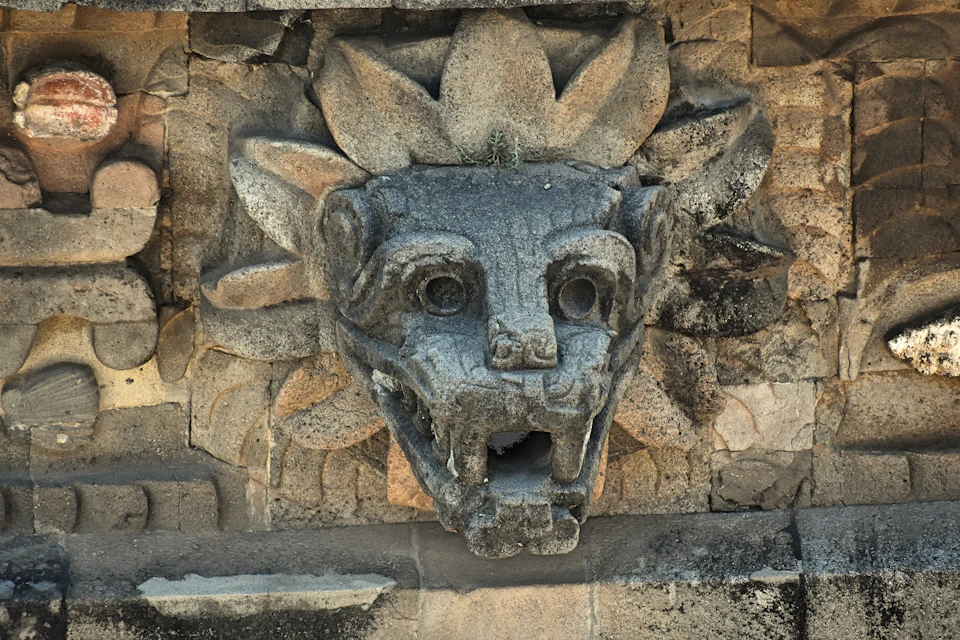 Ancient stone carving of a jaguar head with a feathered headdress on a textured stone wall.