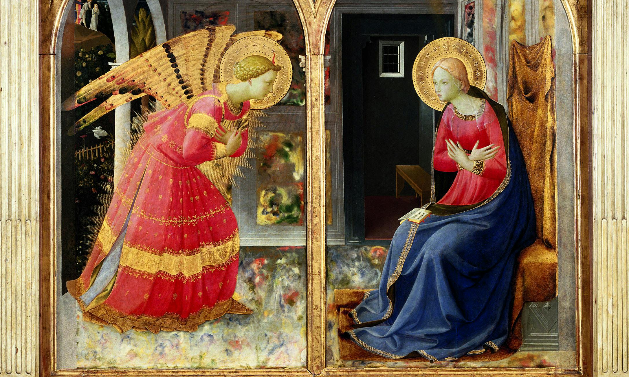 Seated woman in a red and blue gown with a golden halo, clasping her hands, in a detailed, arched, ornate setting.