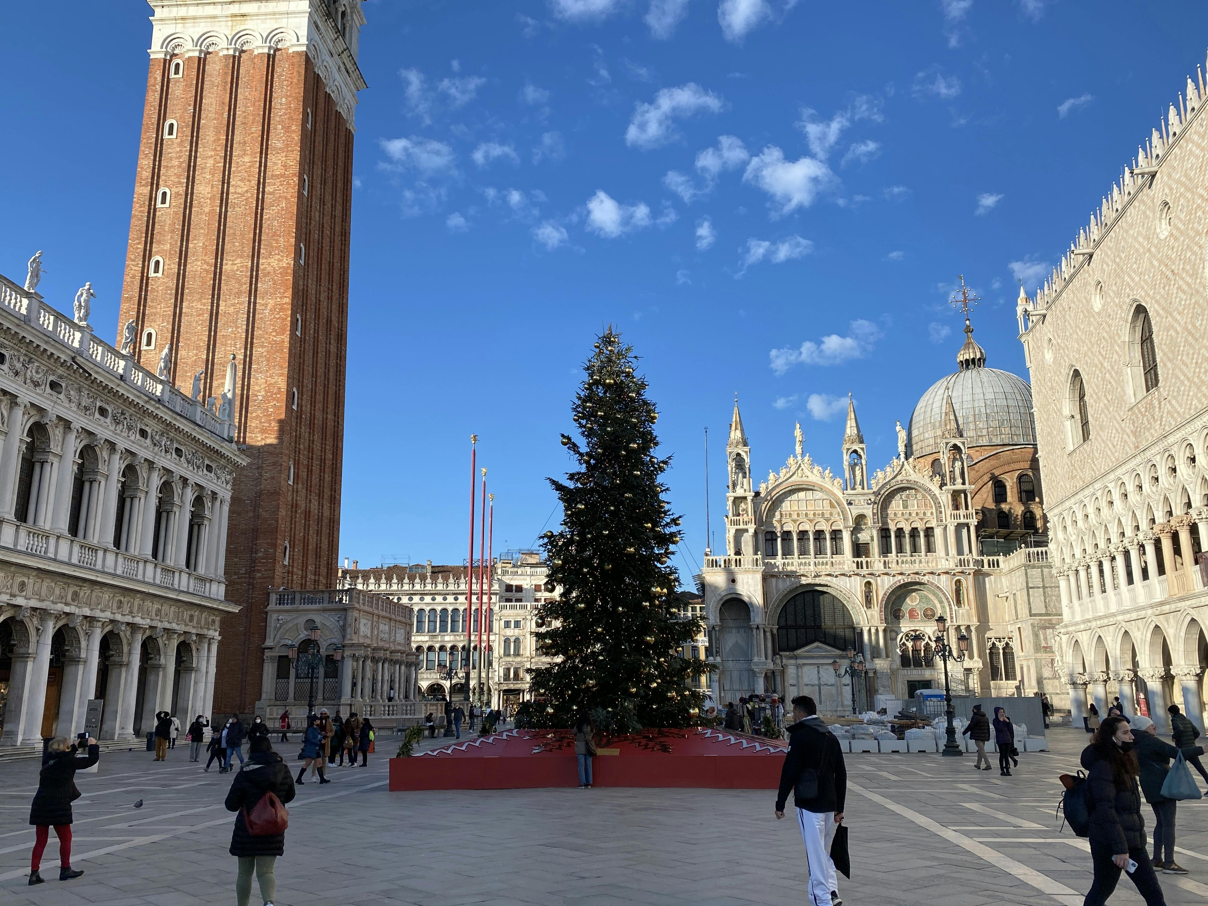 푸른 하늘 아래 종탑과 대성당을 포함한 역사적인 건물이 있는 광장에 커다란 장식의 크리스마스 트리가 서 있습니다.