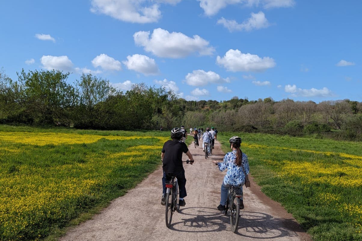 People riding bicycles on a path through a green field with trees under a blue sky with scattered clouds.