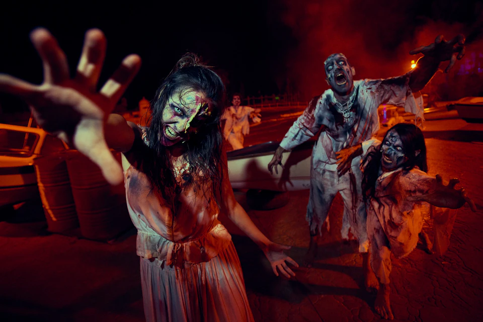 A group of people dressed as zombies reaching towards the camera in a dimly lit setting with red atmospheric lighting.