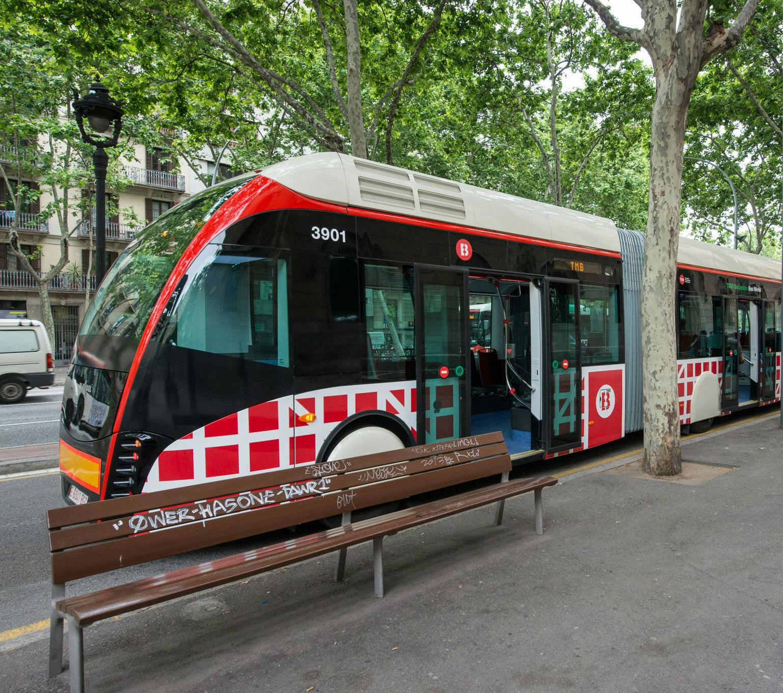 Un moderno tram rosso e nero si è fermato vicino a una panchina in un'area urbana alberata con edifici sullo sfondo.
