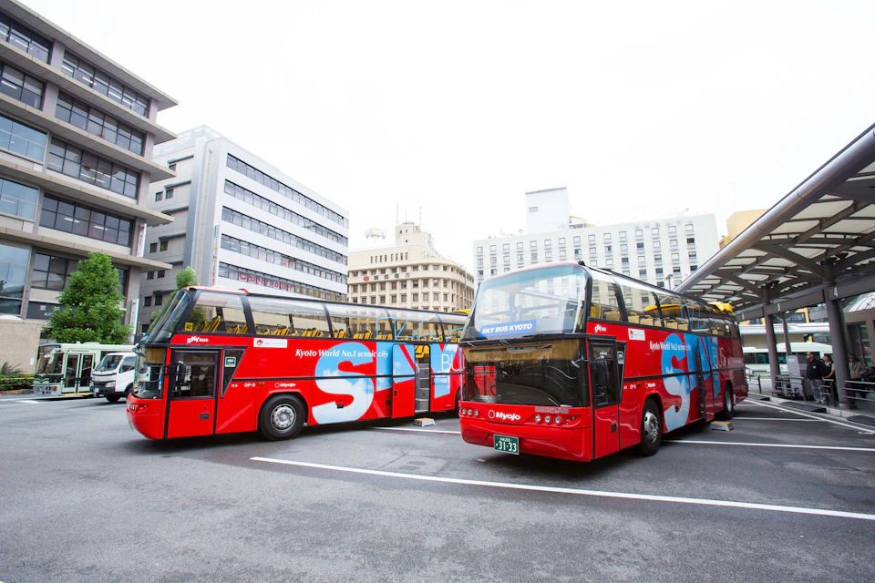 Two red double-decker buses parked in a city setting with buildings in the background.