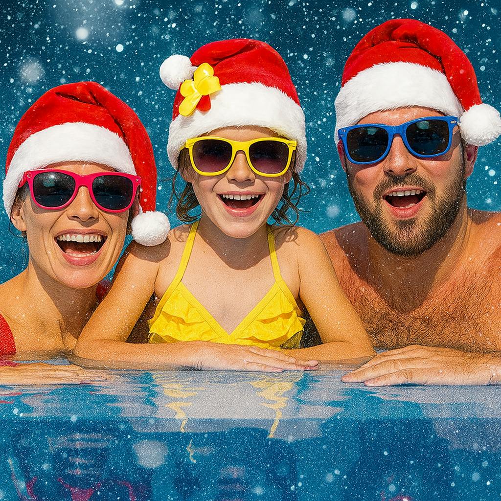 A smiling family wearing Santa hats and sunglasses, leaning on the edge of a pool with water and snowflakes in the background.