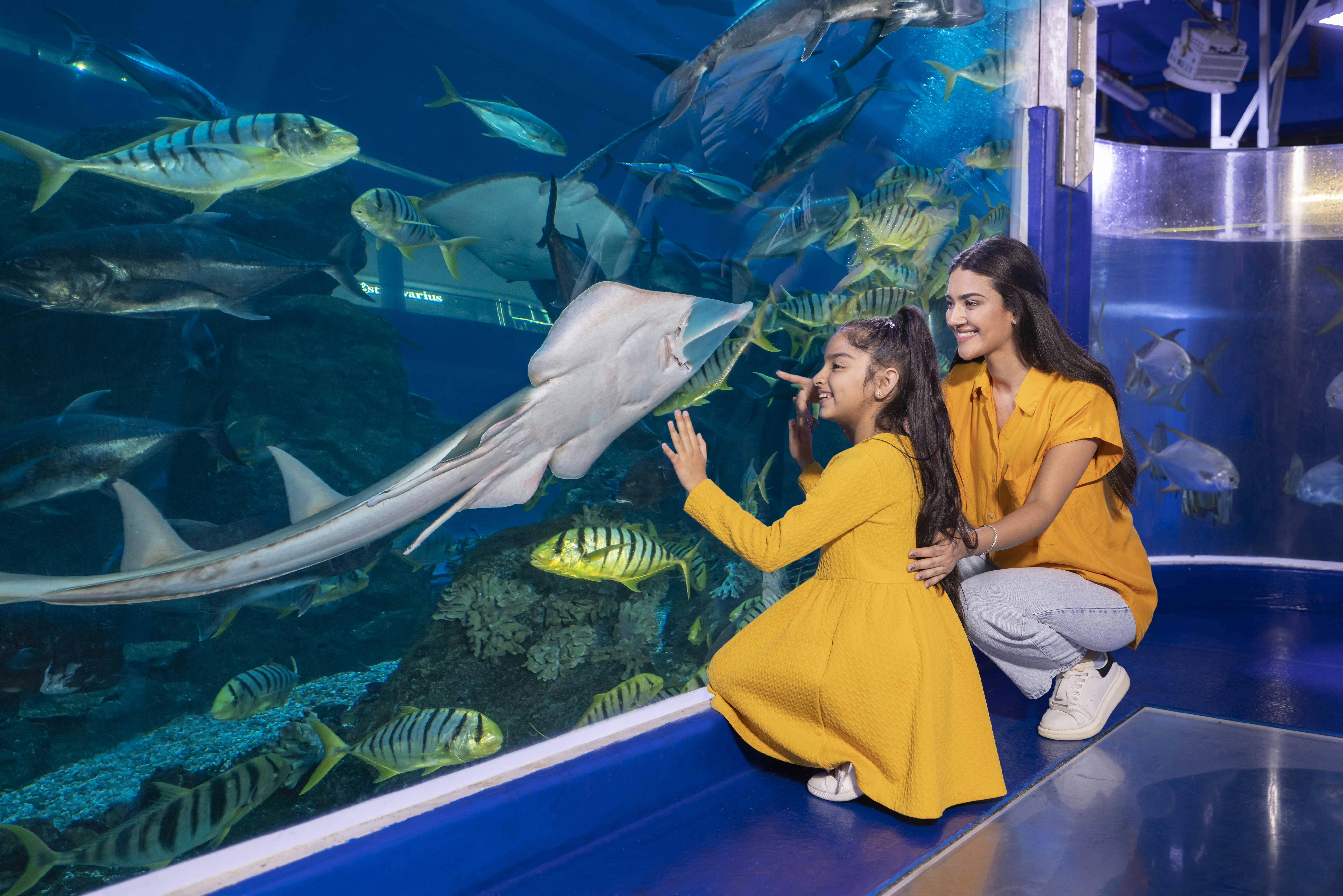 A woman and a young girl in yellow outfits admire fish and stingrays through an aquarium glass.