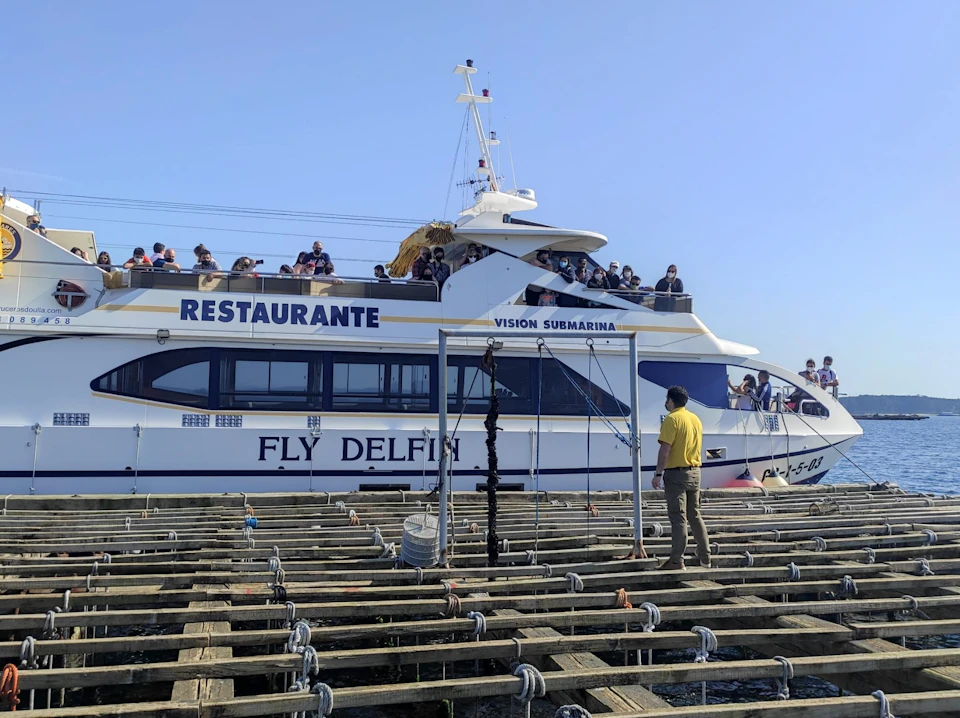 A boat named "Fly Delfin" with "Restaurante" written on its side is docked; people are on board, and one on the dock.