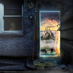 En upplyst dörröppning avslöjar en fantastisk slottsscen, mellan en mörk byggnad med ett fönster och en röd telefonkiosk.