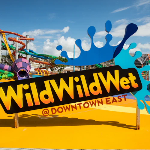 Farbenfroher Wasserpark mit einem "Wild Wild Wet @ Downtown East"-Schild, Wasserrutschen und Planschbereichen unter blauem Himmel.