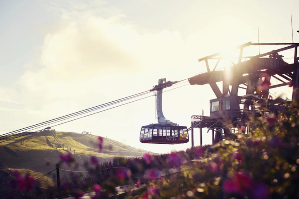 A cable car suspended on a wire over a scenic hillside with flowers, near a wooden support station under a bright sky.