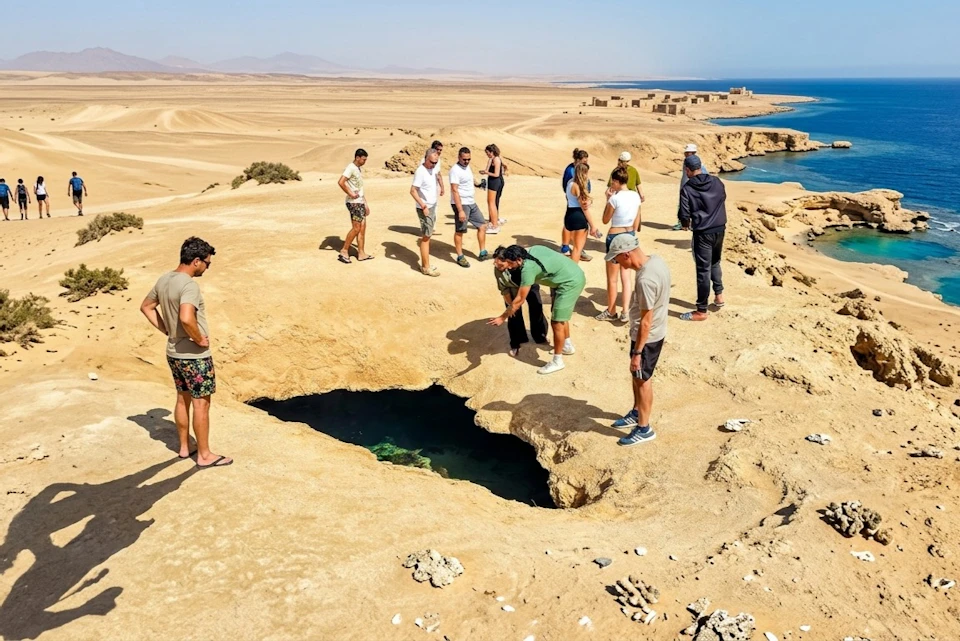 A group of people stand around a small rocky hole in a desert landscape by the sea on a sunny day.