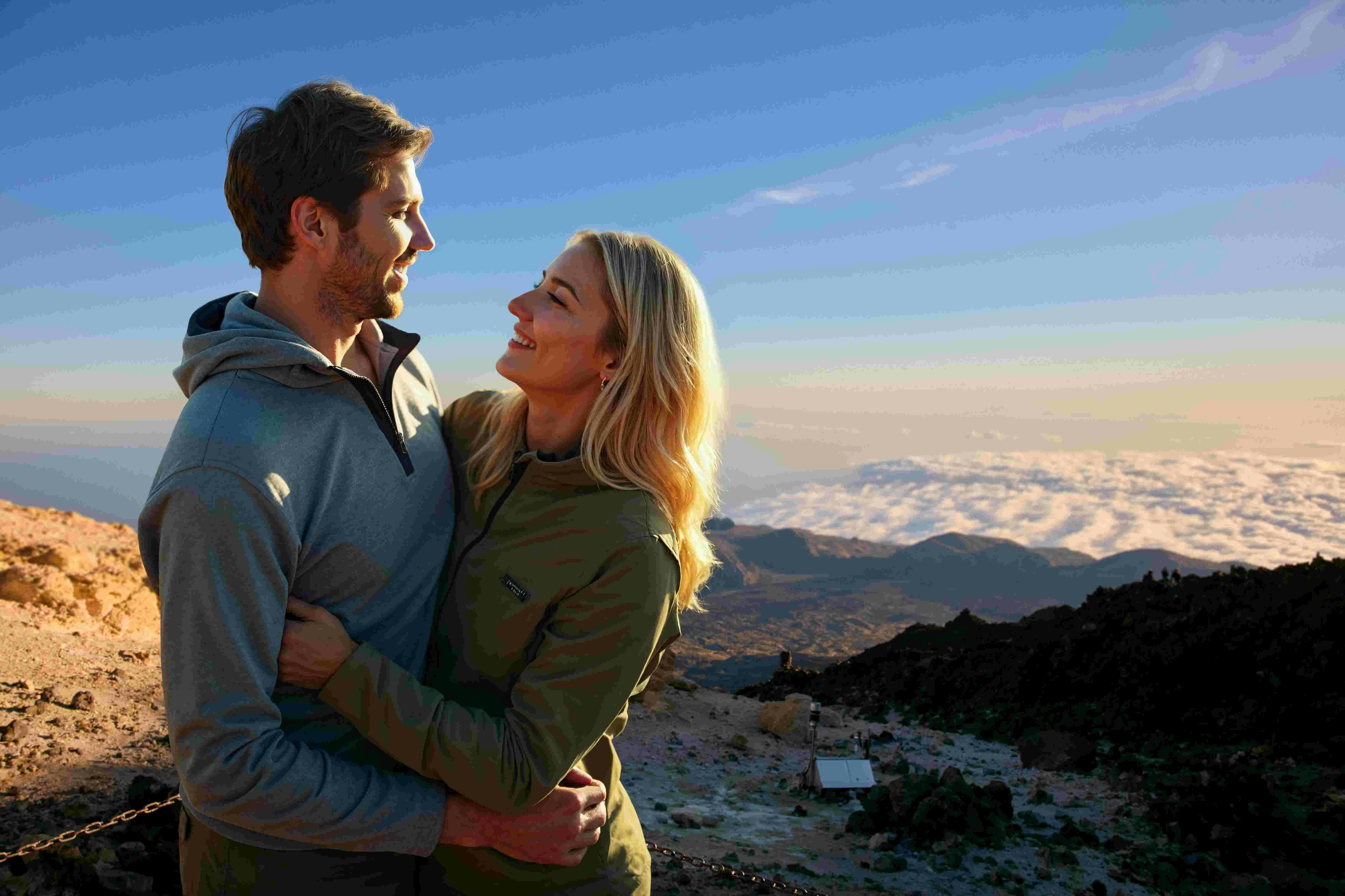 一对情侣互相看着对方，微笑着拥抱一座风景秀丽的山峰。