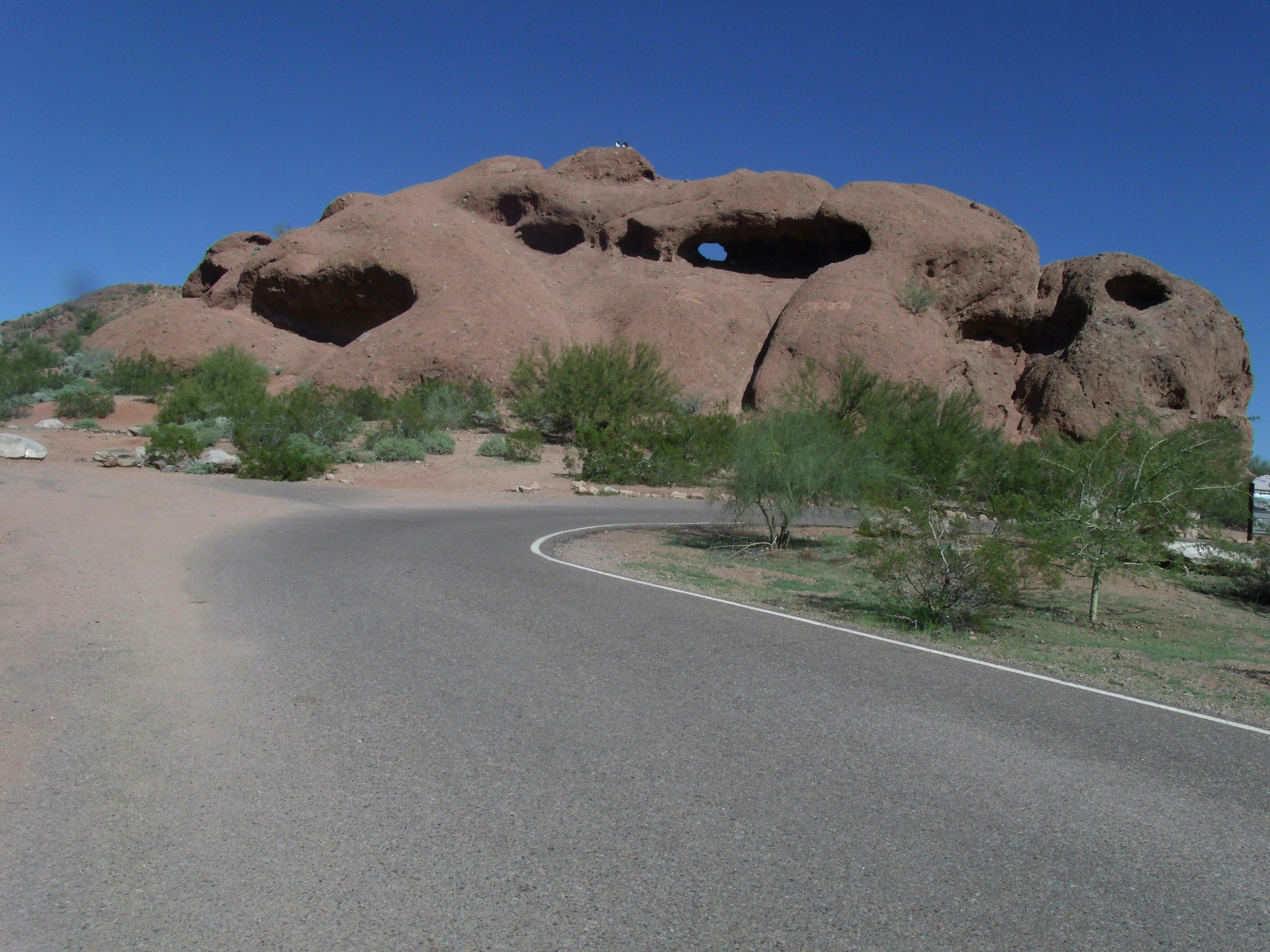 Route asphaltée serpentant vers de grandes formations rocheuses rouges avec des trous, entourées de plantes désertiques sous un ciel bleu clair.