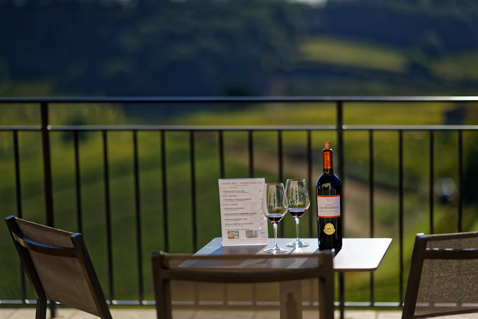 Table with a wine bottle, two glasses of red wine, and a menu overlooking a balcony with blurred green hills in the background.