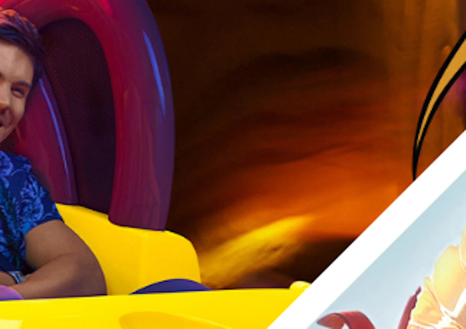 Two split images: left shows four people on a colorful rollercoaster with animated characters Tom and Jerry; right shows a person riding a red amusement park ride.